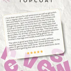 This client review mentions her satisfaction with both our nail and lash extensions. She highlights our technician's patience and detailed work, which ensures the extensions are long lasting and beautiful. We love that our clients travel to get the best work done with us.