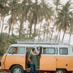 Fun, free-spirited moments from a themed pre-wedding shoot featuring a vintage van and a beautiful palm-fringed backdrop. I love working with couples to bring their unique and playful ideas to life.