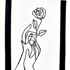 A single continuous line forms two hands gently holding a rose. This minimalist drawing symbolizes love, care, and delicate beauty, all with the power of one line.