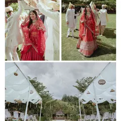 A collage capturing the essence of a beautiful garden wedding, from the bride's grand entrance to the elegant tented seating.