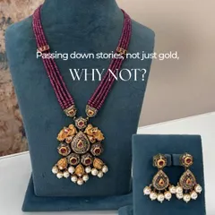 This set is a perfect example of passing down stories. We took parts of an old piece and created this stunning ruby and pearl pendant set, keeping the heritage feel while making it perfect for today.