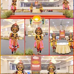 We welcome guests with devotion and respect, sometimes using traditional decor like these Yakshagana figures. This collage shows our readiness to serve at a large convention hall.