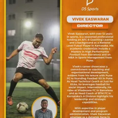 Meet our Director, Vivek Easwaran. A seasoned professional with an AFC B Coaching License and a Masters in High Performance Football from Barcelona, he brings strategic leadership and expertise in player development.