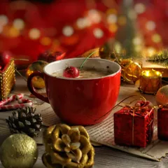 A close-up of the red Christmas mug against a background of red and gold bokeh lights. This shot is warm, magical, and full of holiday spirit.