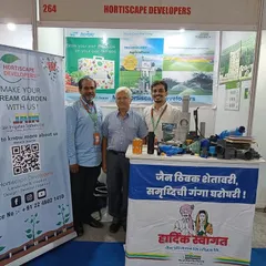 A proud moment for the Hortiscape Developers team at the Kisan exhibition. Our banner, featuring our Marathi slogan "Jain thibak shetavari, samruddhichi ganga gharoghari," reflects our commitment to bringing prosperity through smart irrigation.