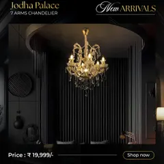 The Jodha Palace Chandelier is a nod to timeless royal aesthetics. With seven arms of handcrafted crystal, it brings a majestic and classic brilliance to dining rooms and formal living areas, proving that traditional grandeur never goes out of style.