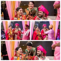 Playful moments from a Maharashtrian wedding, where family members engage in fun-filled traditional games with the couple.