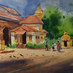 This watercolour captures the Mahalakshmi Temple in Goa. I focused on the warm light and the daily life happening around this beautiful structure.