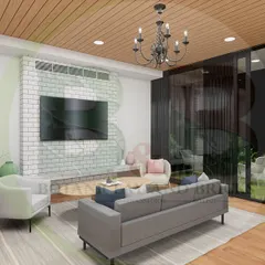 3D render of a transitional living room that opens up to the outdoors. The design features a white brick accent wall, a wood-paneled ceiling, and a large glass door leading to a garden, showcasing how we plan for seamless indoor-outdoor flow.