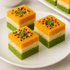 A close-up of the Tiranga Dhokla, showing the perfect layers and the tempering of mustard seeds and curry leaves.