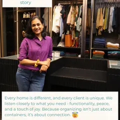 Every home tells a story. Here I am in a client's walk-in closet, where we created a system based on her unique needs for functionality, peace, and a touch of joy.