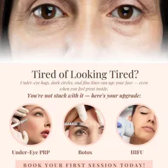Tired of looking tired? We offer a range of solutions to rejuvenate the eye area. This graphic showcases our top treatments, including Under-Eye PRP, Botox to soften crow's feet, and HIFU for skin tightening, all designed to restore a youthful, awake look.