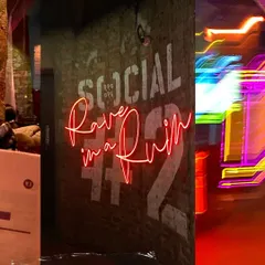 A collage that screams 'Rave in a Ruin'. The neon sign inside Hauz Khas Social perfectly describes the experience of partying next to centuries-old tombs.