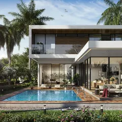 The same modern villa rendered in bright daylight. This version highlights the lush tropical landscaping, the clear blue water of the pool, and the material finishes of the home's exterior.