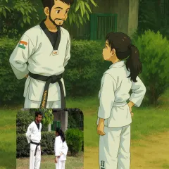 The journey of a martial artist often starts young. Here I am with one of my young Taekwondo students, showing the real-life inspiration behind a fun anime-style edit.