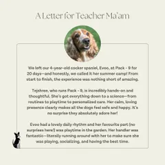 We love getting 'letters' from our furry students. This note from Evoo's family highlights what we strive for: a science-based routine, personalized care, and lots of playtime. Knowing we provide peace of mind for pet parents is our greatest reward.
