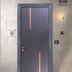 Your door doesn't have to be a standard wood finish. I love creating pieces that add a pop of color and personality, like this modern door with fluted patterns and a striking copper inlay. The pigmented PU finish ensures the color is rich and durable.