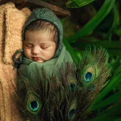 A touch of divinity for this sleeping newborn, adorned with peacock feathers. This creative shot is a nod to my Krishna-themed sessions, adapted for the tiniest of subjects.