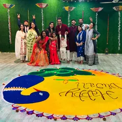 A beautiful moment from our Diwali celebration, with our dance family posing around a stunning rangoli made in the studio.