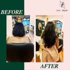 A picture is worth a thousand words, and this before and after says it all. We took this client's lovely bob and gave her the long, full hair she was dreaming of. This is a perfect example of how permanent extensions can completely change your look.