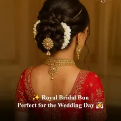 The quintessential royal bridal bun. I create this look with precision, ensuring every strand is in place and the gajra is secured perfectly for a timeless and regal appearance on the wedding day.