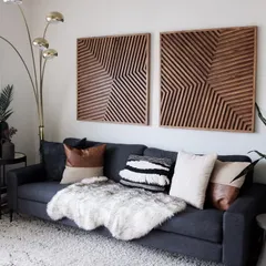See how our Horizon wooden art set elevates a modern living space. The geometric lines and warm wood tones create a sophisticated and textural focal point, perfectly complementing contemporary furniture and decor.