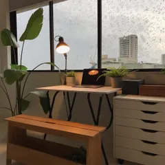 My workspace with some fun doodles on the window. I like to keep my creative environment feeling light and inspiring.
