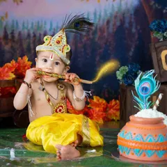 Celebrating with a divine theme. This little one is dressed as Krishna for his first birthday, complete with a flute and a pot of "butter" cake, set against a beautiful forest backdrop.