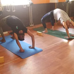 Practitioners here are working on Chakrasana, or Wheel Pose. I provide guidance for advanced postures like this to help students safely deepen their practice and enhance spinal flexibility.