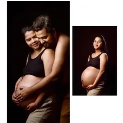 A collage of intimate couple and solo portraits. These shots, with a bare bump and casual attire, are simple, honest, and full of love.