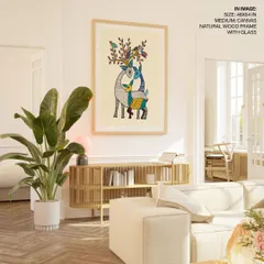 Celebrate the rich heritage of Indian tribal art with this stunning Gond painting of a deer family. Displayed here as a large 48x64 inch canvas print in a natural wood frame, its intricate patterns and vibrant colors make a powerful cultural statement in a modern home.