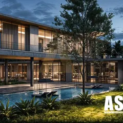 A close-up of the Aravalli farmhouse project, showing the private swimming pool. The design focuses on minimal, grounded architecture that celebrates restrained luxury and sustainable living, with large glass panels connecting the interior to the poolside deck.