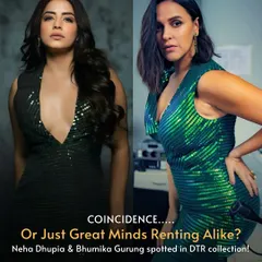 Two leading ladies, one designer dress by Nikhita Tandon. Neha Dhupia and Bhumika Gurung both rented this green sequin number for different occasions, proving that smart minds rent alike.