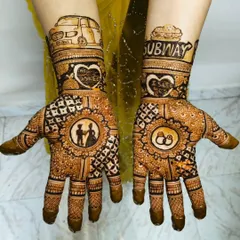 This engagement mehndi tells the couple's unique love story, from where they met at Subway to the proposal. I can incorporate any special memory, place, or symbol into your design.
