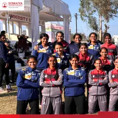 A team photo of our determined Somaiya FC women's team at the AIU Inter-University Women’s Football Tournament.