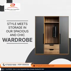 A chic and modern wardrobe design combining dark grey panels with a natural wood-finish section. The recessed handles on the drawers and the open hanging space create a minimalist look that offers both style and practical storage.