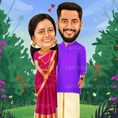 A lovely couple caricature created for an engagement announcement. The groom is in a purple kurta and mundu, and the bride is in a beautiful pink saree. The lush green background makes the colors pop.