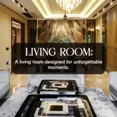 This living room is designed for unforgettable moments. The bookmatched marble wall serves as a stunning focal point, complemented by a crystal chandelier and unique, geometric coffee tables.