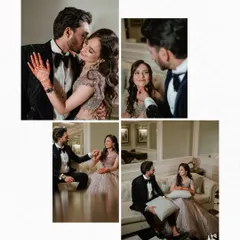 A collage of intimate moments from an engagement shoot. These photos capture the tender glances, gentle touches, and happy smiles that tell the story of a couple newly promised to each other.