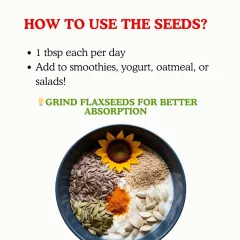 How to Easily Use Seeds. Incorporating these seeds is simple. Just one tablespoon of each per day, added to your smoothies, yogurt, or salads, is all you need. I recommend grinding flaxseeds for better absorption.