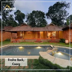 This is the Evolve Back resort in Coorg, designed to reflect the traditional Kodava architecture. I select stays like this that blend luxury amenities, such as a private pool, with a deep respect for local heritage and natural surroundings.