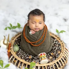 Even a slightly older baby, at 2.5 months, can be part of this theme. While he's more awake, his calm expression perfectly suits the 'adorable Mahadev' look.