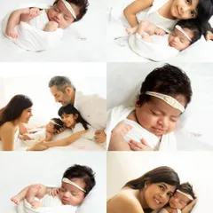 A beautiful collage showcasing a family's first photoshoot with their new baby girl. It includes shots with mom, dad, and big sister, telling the story of their growing family.