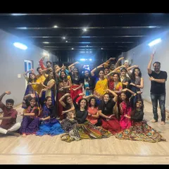 The studio comes alive with color and energy during workshops. This photo from a recent Garba session shows how the space comfortably accommodates large groups, making it an ideal venue for instructors to host classes and events.
