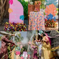 For the Haldi, we switched to a vibrant, tropical theme. The entrance featured a custom welcome sign with colorful leaf motifs, and guests were greeted with showers of confetti and smoke bombs for a high-energy start.