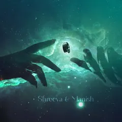 A highly creative and artistic engagement ring shot, inspired by Michelangelo's "The Creation of Adam." The hands reaching for the ring against a cosmic nebula background is a unique way to announce an engagement.