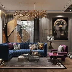 Why go out when you can bring the vibe home? This bold and vibrant bar and lounge transforms a residential space into a restaurant-style retreat, with a royal blue sofa, animal print cushions, and dramatic art.