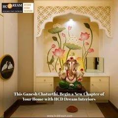 A beautiful pooja corner designed for Ganesh Chaturthi. The space features a custom arch with intricate lattice work, a hand-painted lotus mural, and soft backlighting to create a divine ambiance.
