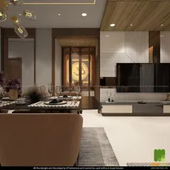 A view from the dining area towards the pooja room. The foldable glass door with an 'Om' symbol creates a sense of sanctity while allowing the space to feel connected to the rest of the home.