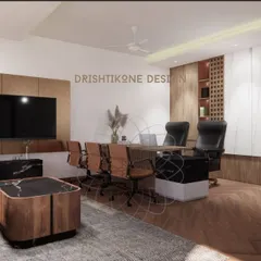 This angle showcases the meeting area within the office, with comfortable leather chairs and a large screen for presentations. The space is designed to be both professional and welcoming.